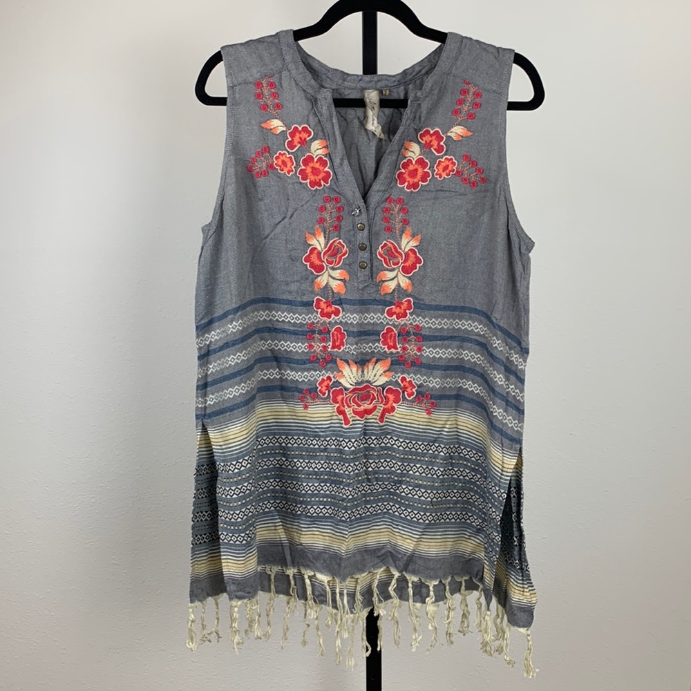 Aratta Silent Journey Blue Dusk Embroidered Fringe Top, Sz M